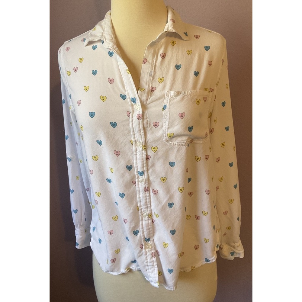 Conversation Hearts Valentine Button Up Down Blouse Top Small Valentine's Day